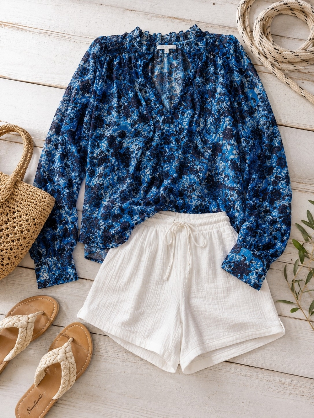 Anthropologie Blue Floral Sheer V-Neck Blouse - Picture 2 of 8